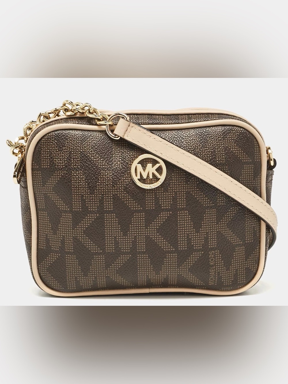 Michael Kors Brown Logo Crossbody with Cream Trim and Gold Hardware